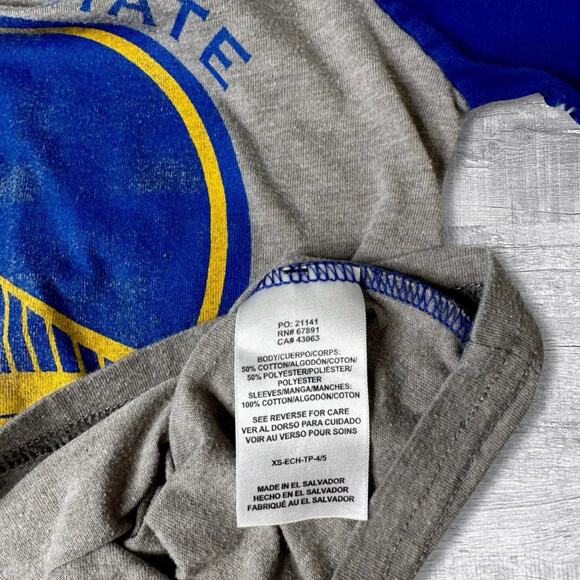 NBA Boys Golden State Warriers Shirt Raglan Long Sleeve XS 4/5 Grey Blue Tee - Picture 6 of 7
